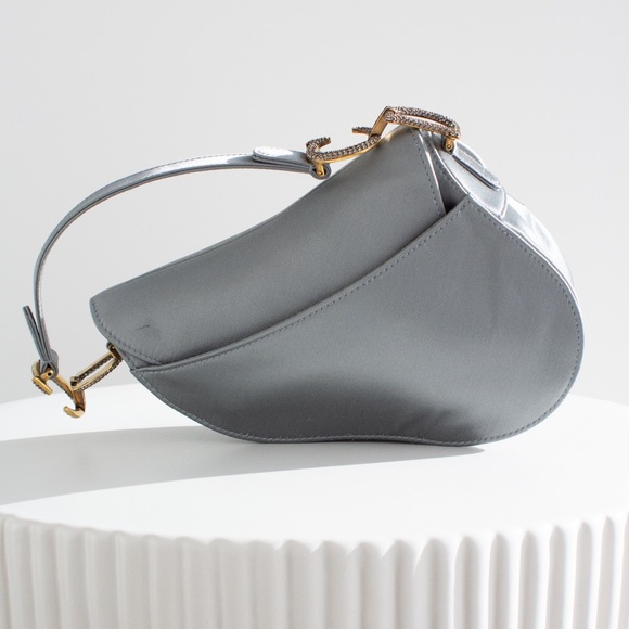 Dior Saddle 2019 Mini Satin Icy Blue Grey Crystal Embellished Bag - Picture 15 of 17